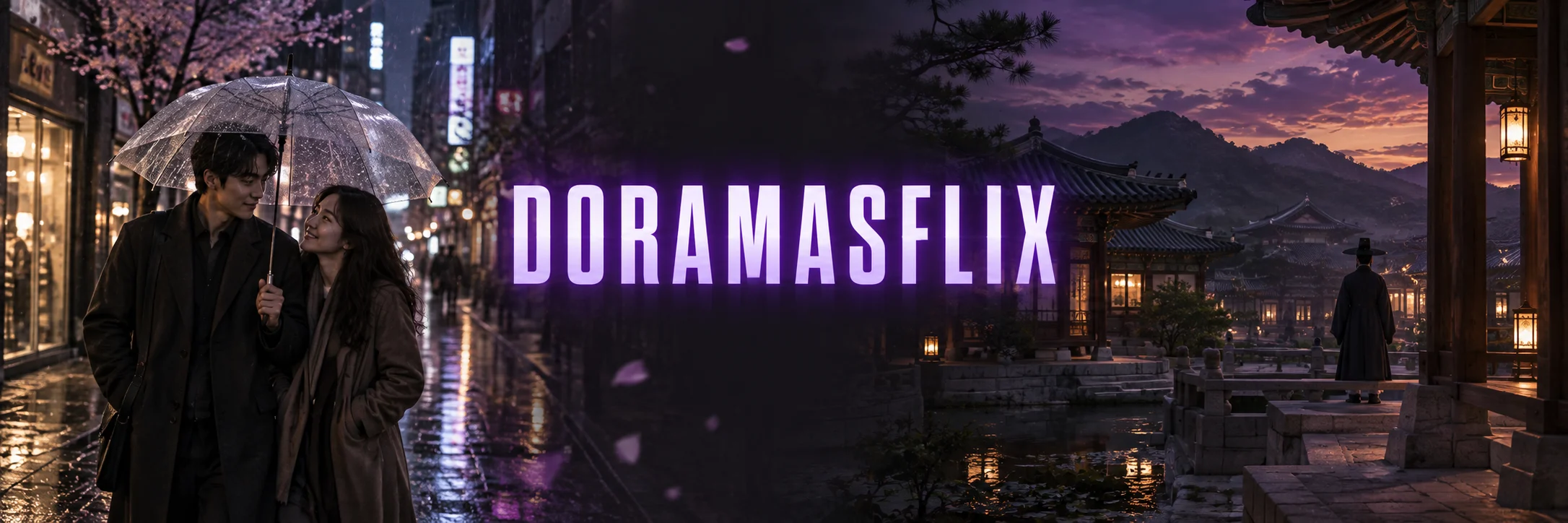 DORAMASFLIX entre una escena de lluvia y un patio histórico, ilustración original